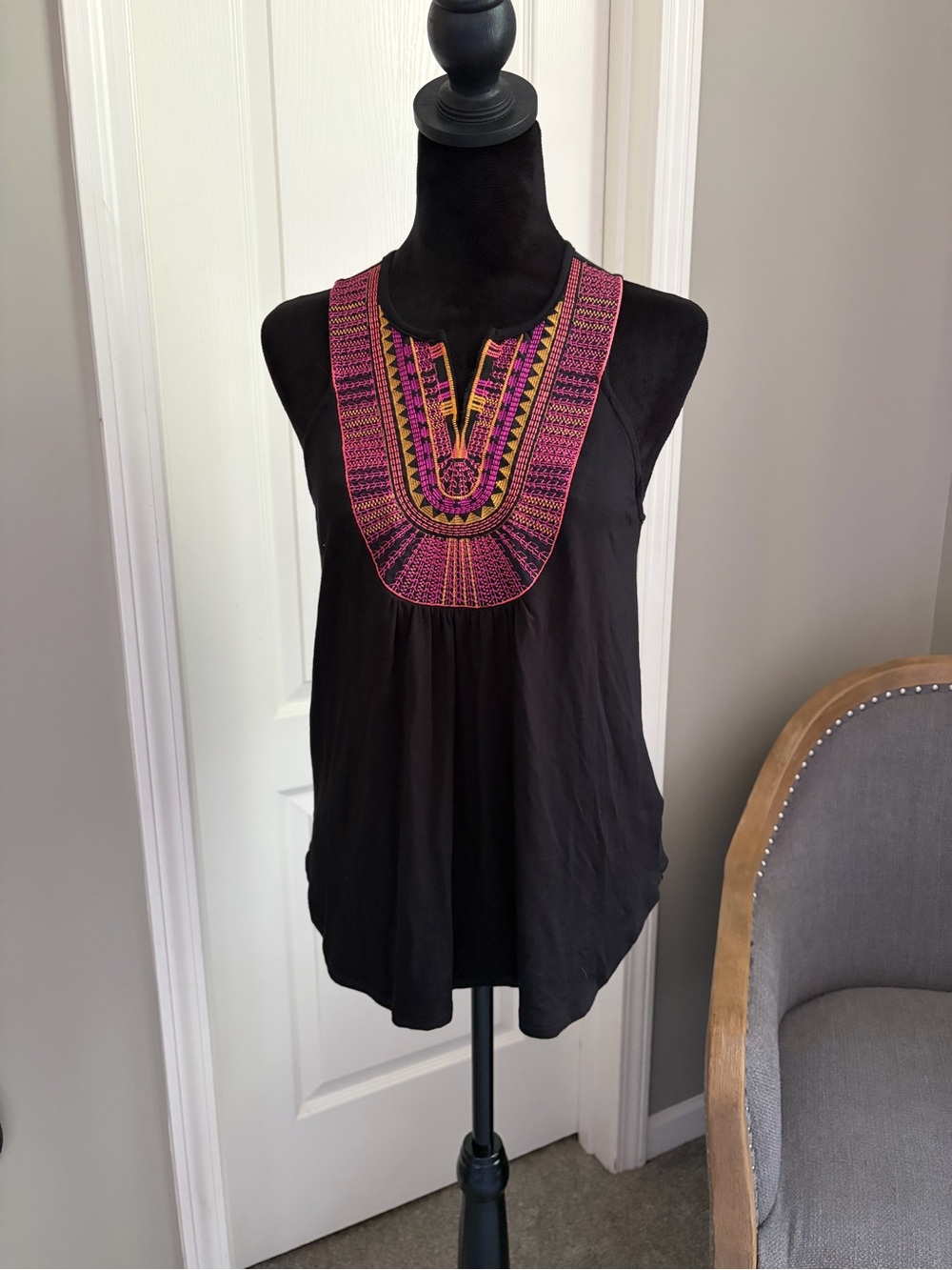 Ella Moss Black Tank with Pink & Gold Embroidered Bib